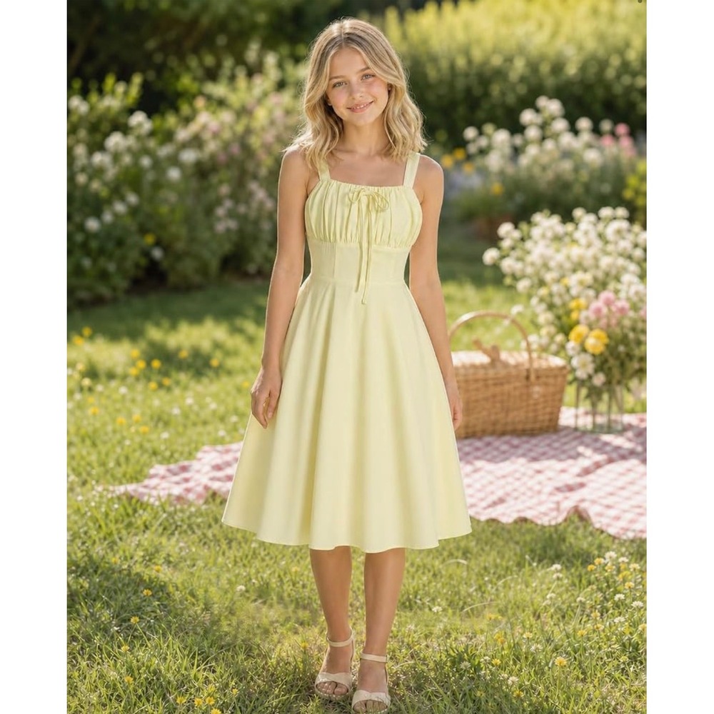 Odizli Girls Yellow Ruched Bust Smocked Back A-Line Sun Dress Size 12-13Y